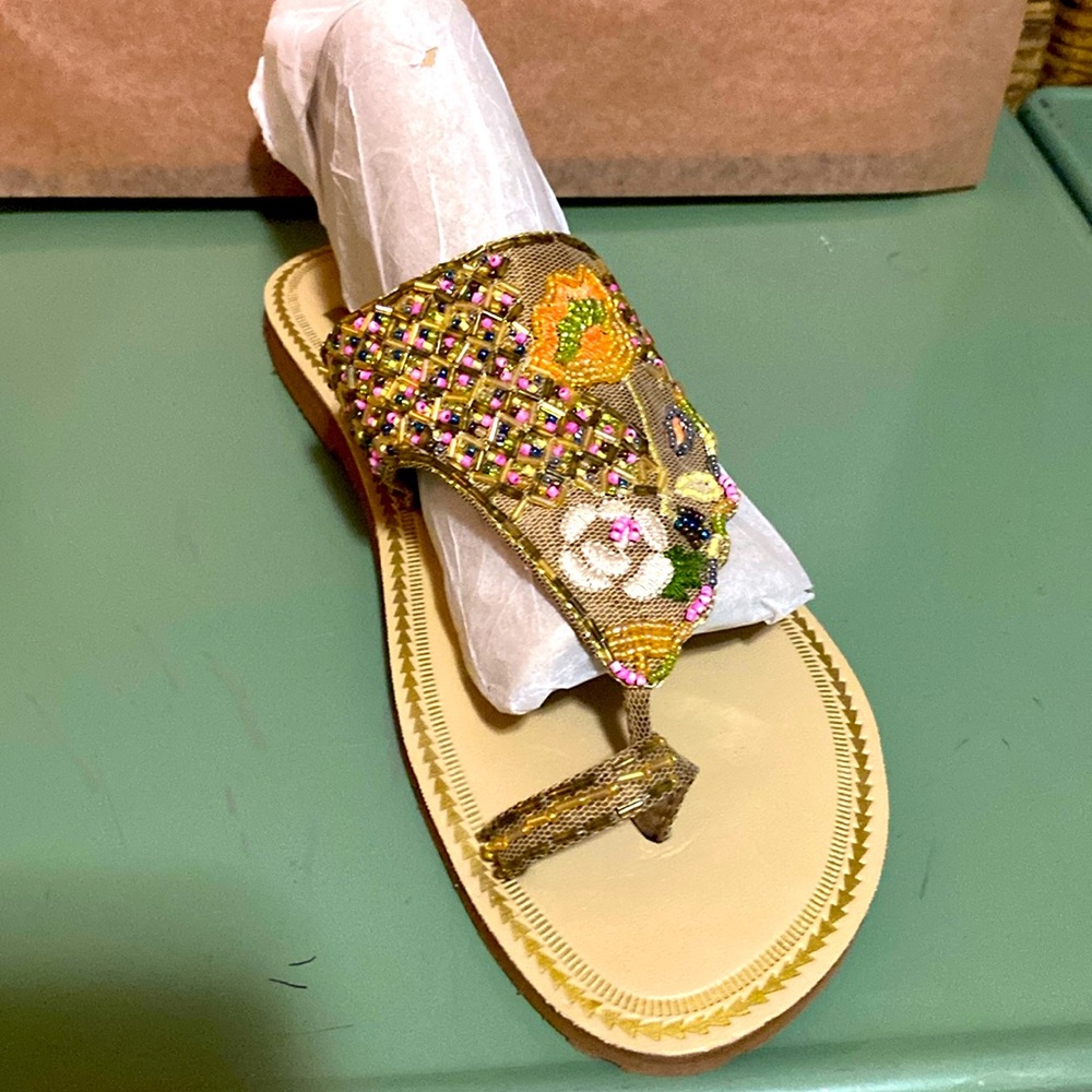 NWOB Report Isha Beaded gold floral Sandals flip flops 9